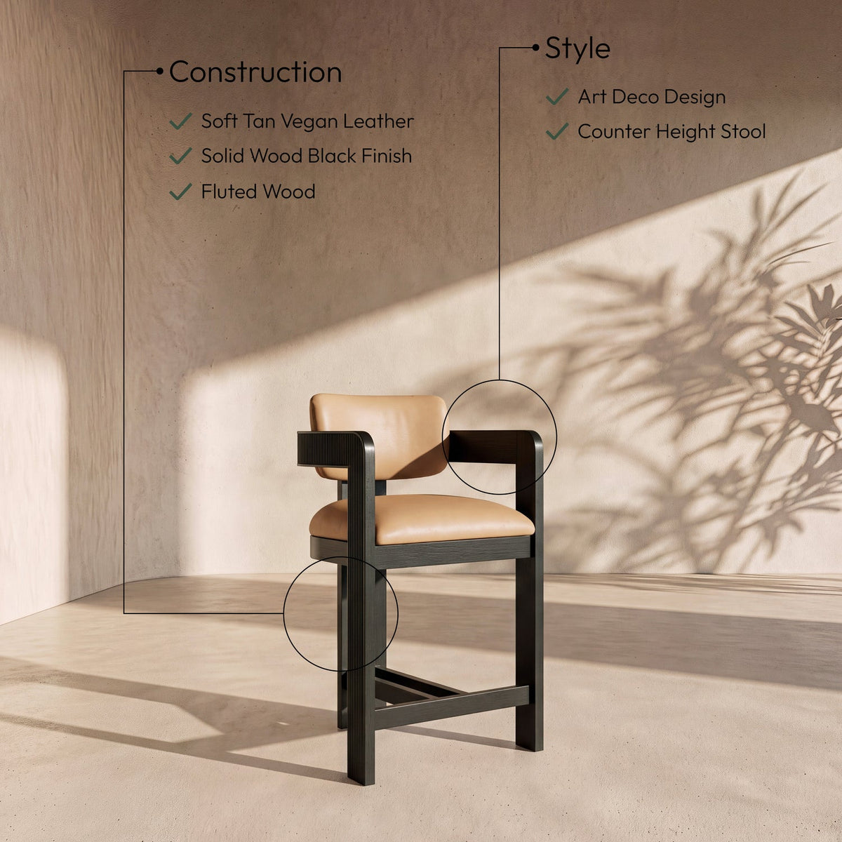 Sacha Tan Vegan Leather Upholstered Counter Stool Set of 2
