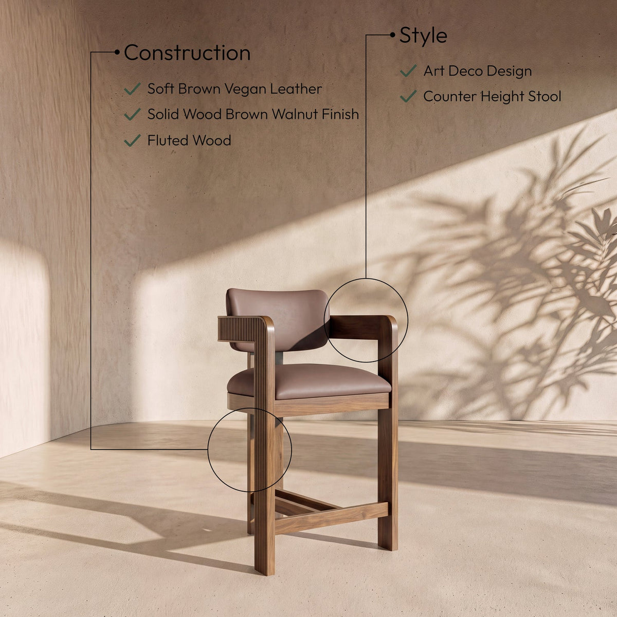 Sacha Brown Vegan Leather Upholstered Counter Stool Set of 2