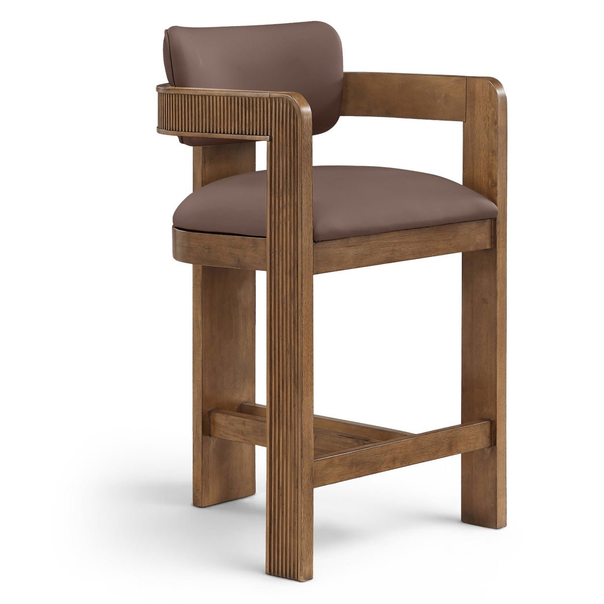 Sacha Brown Vegan Leather Upholstered Counter Stool in brown, fluted solid wood brown walnut finish, primary product view