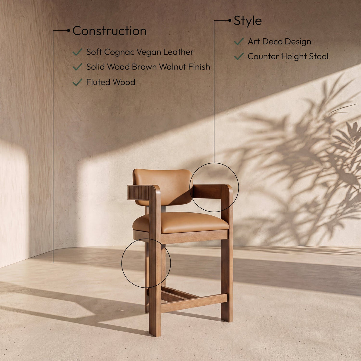 Sacha Cognac Vegan Leather Upholstered Counter Stool Set of 2