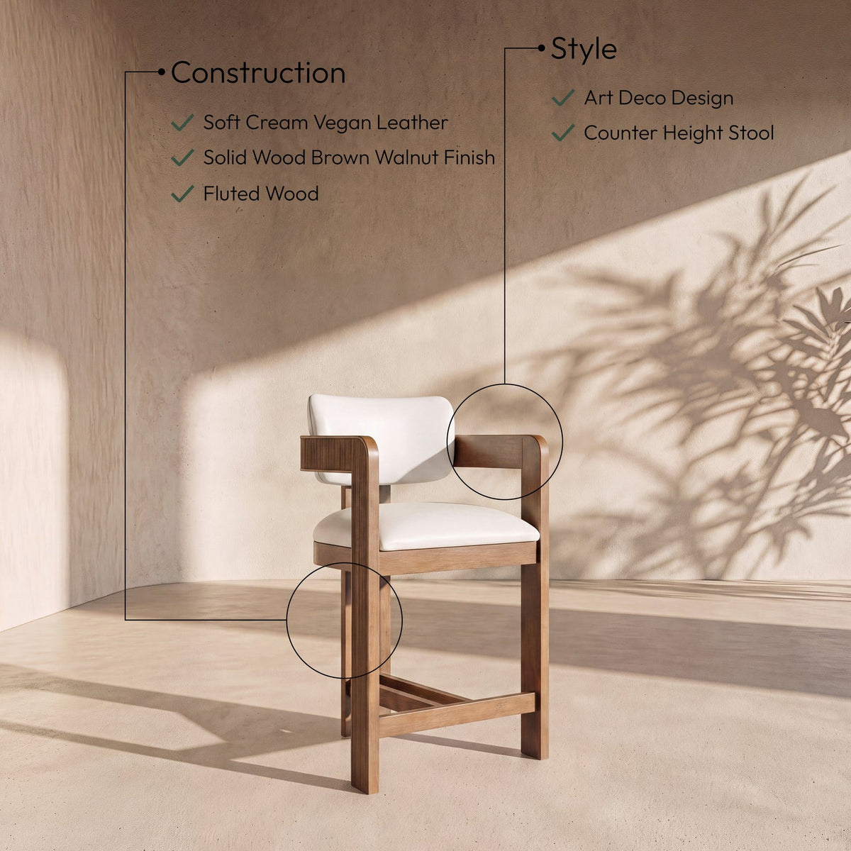 Sacha Cream Vegan Leather Upholstered Counter Stool Set of 2