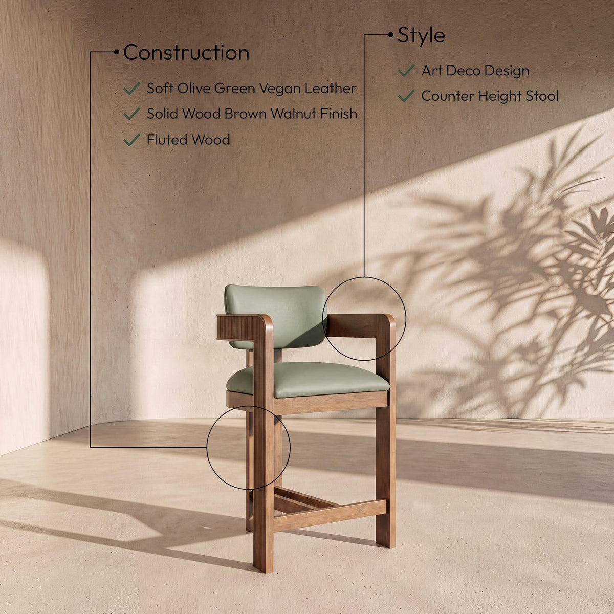 Sacha Olive Vegan Leather Upholstered Counter Stool Set of 2