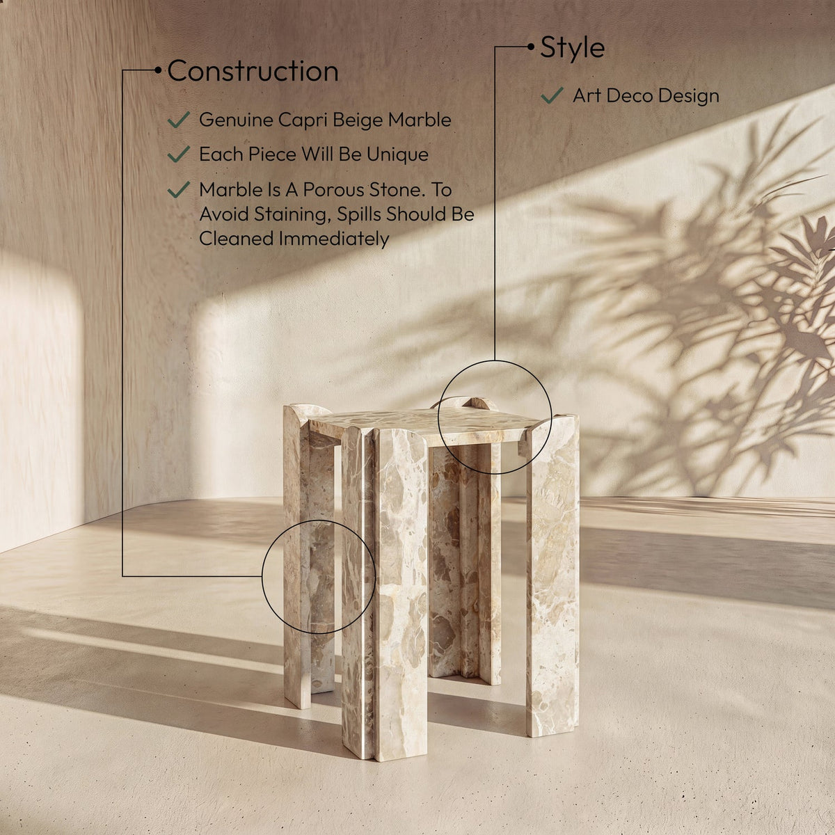 Ravello Beige Genuine Marble End Side Table Set of 2
