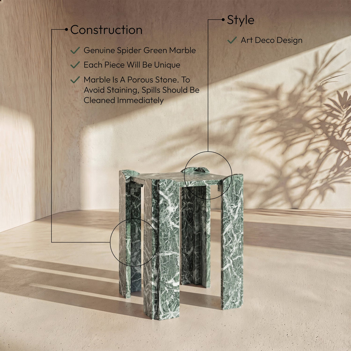 Ravello Green Genuine Marble End Side Table Set of 2