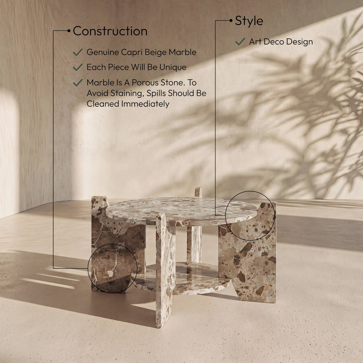 Soriano Beige Genuine Marble Coffee Table
