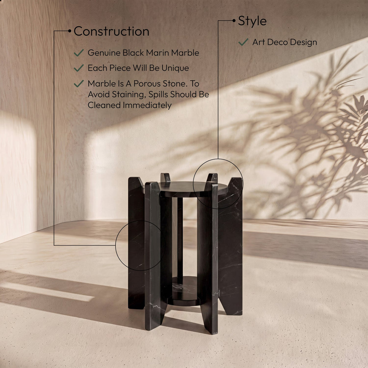 Soriano Black Genuine Marble End Side Table Set of 2