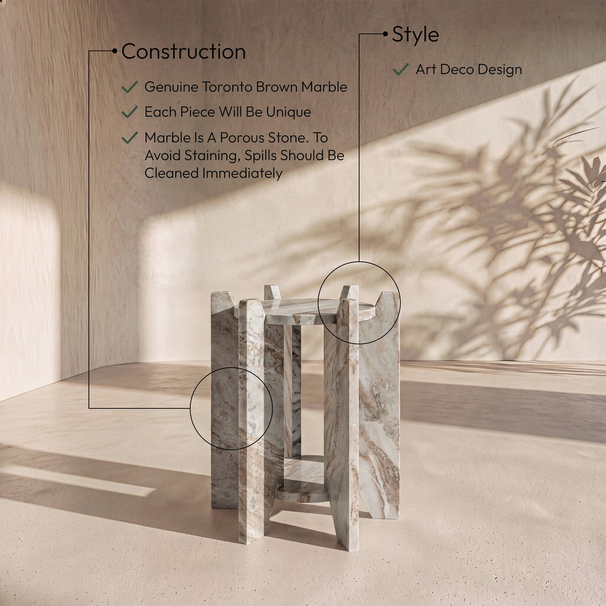 Soriano Brown Genuine Marble End Side Table Set of 2