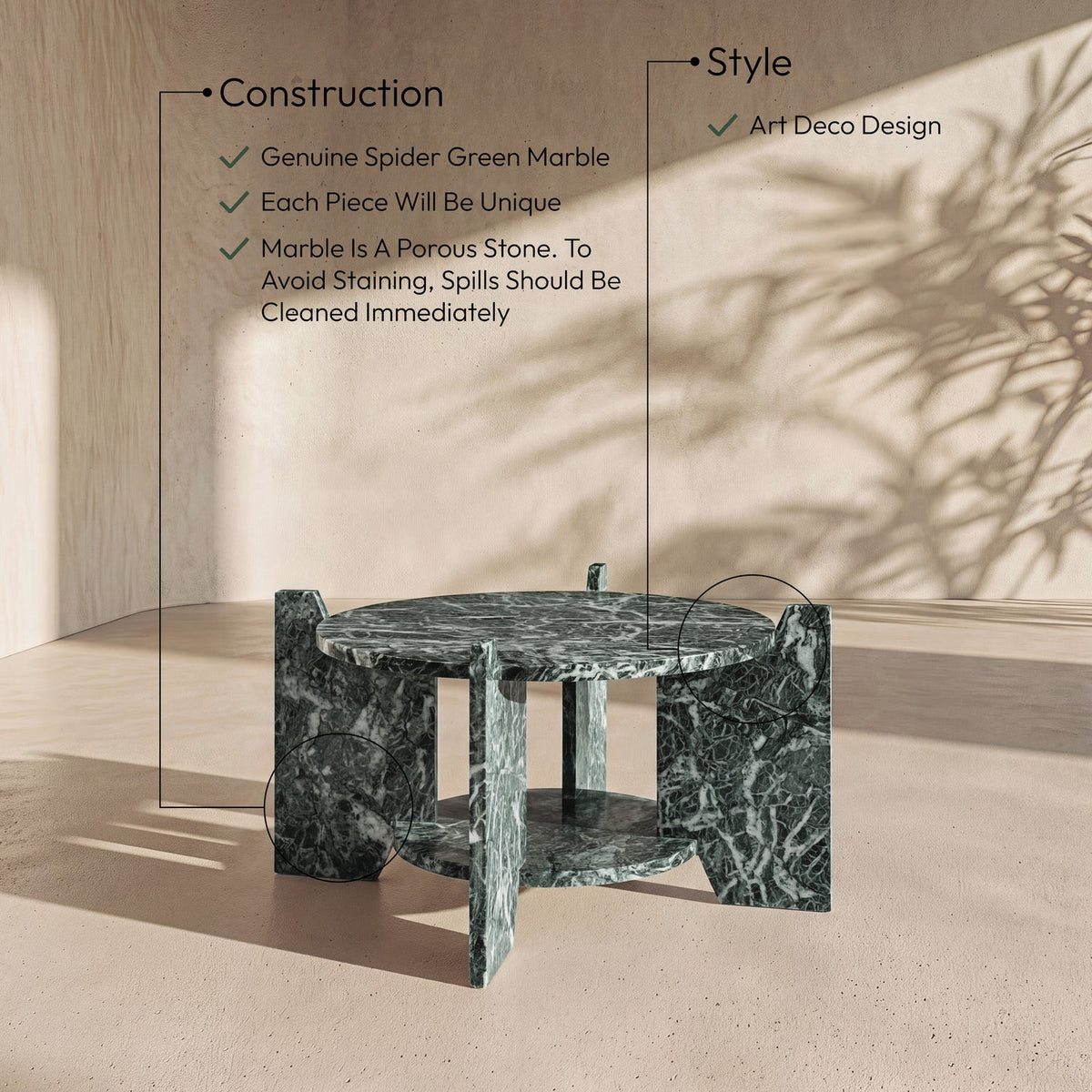 Soriano Green Genuine Marble Coffee Table