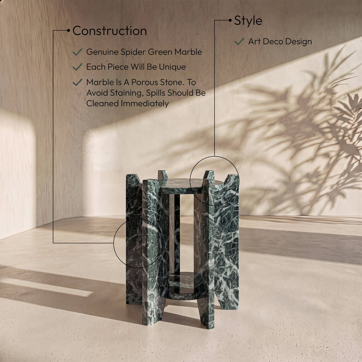 Soriano Green Genuine Marble End Side Table Set of 2
