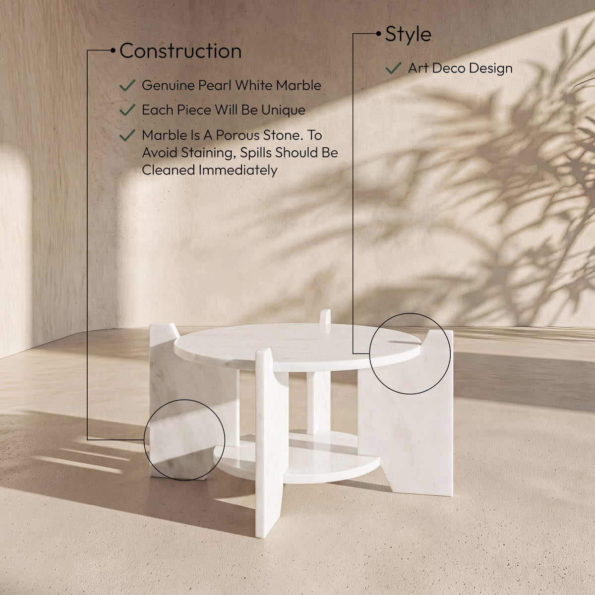 Soriano White Genuine Marble Coffee Table
