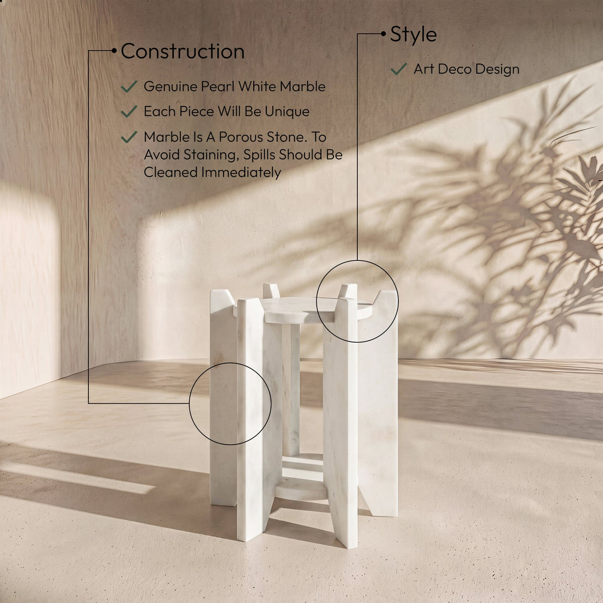 Soriano White Genuine Marble End Side Table Set of 2