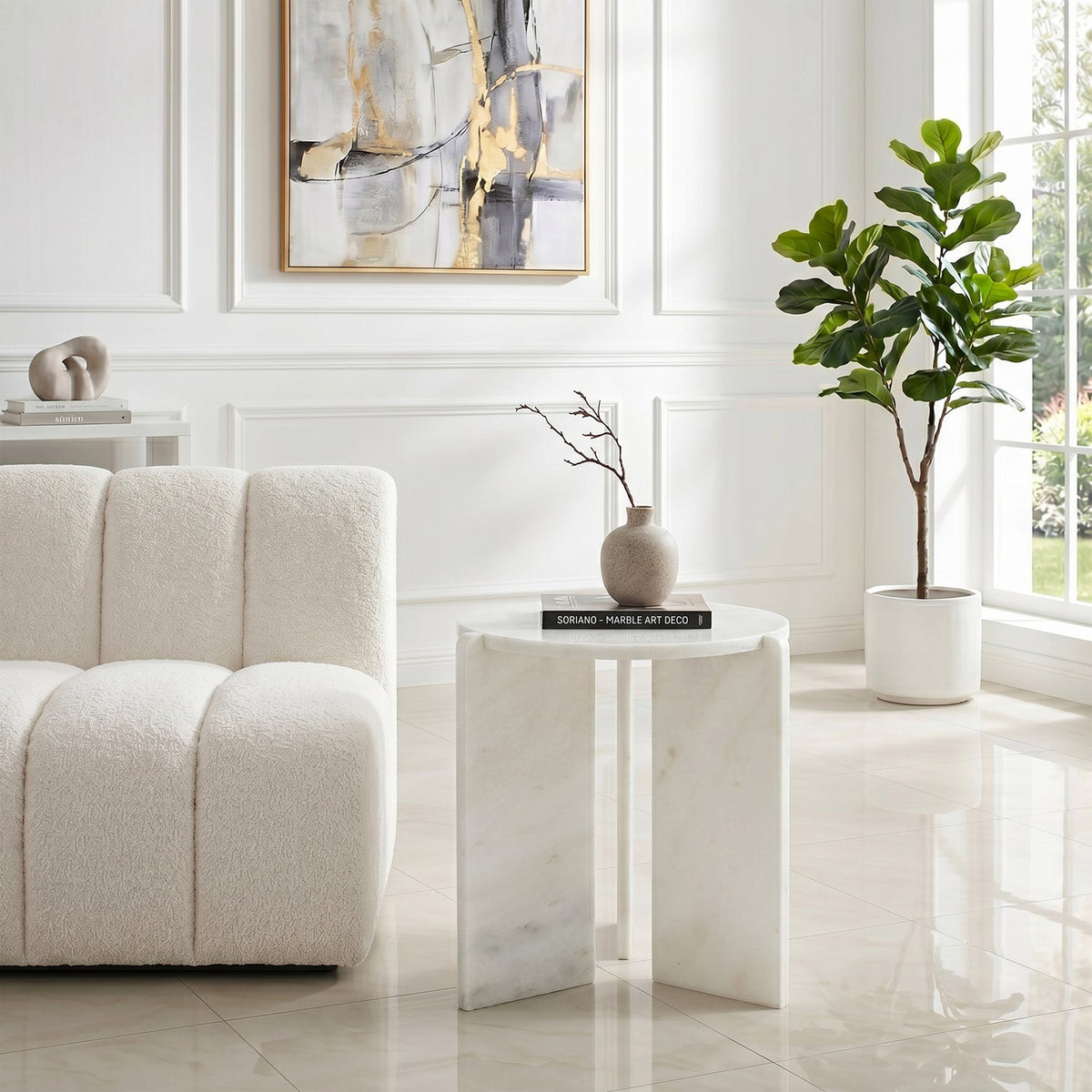 Soriano White Genuine Marble End Side Table Set of 2