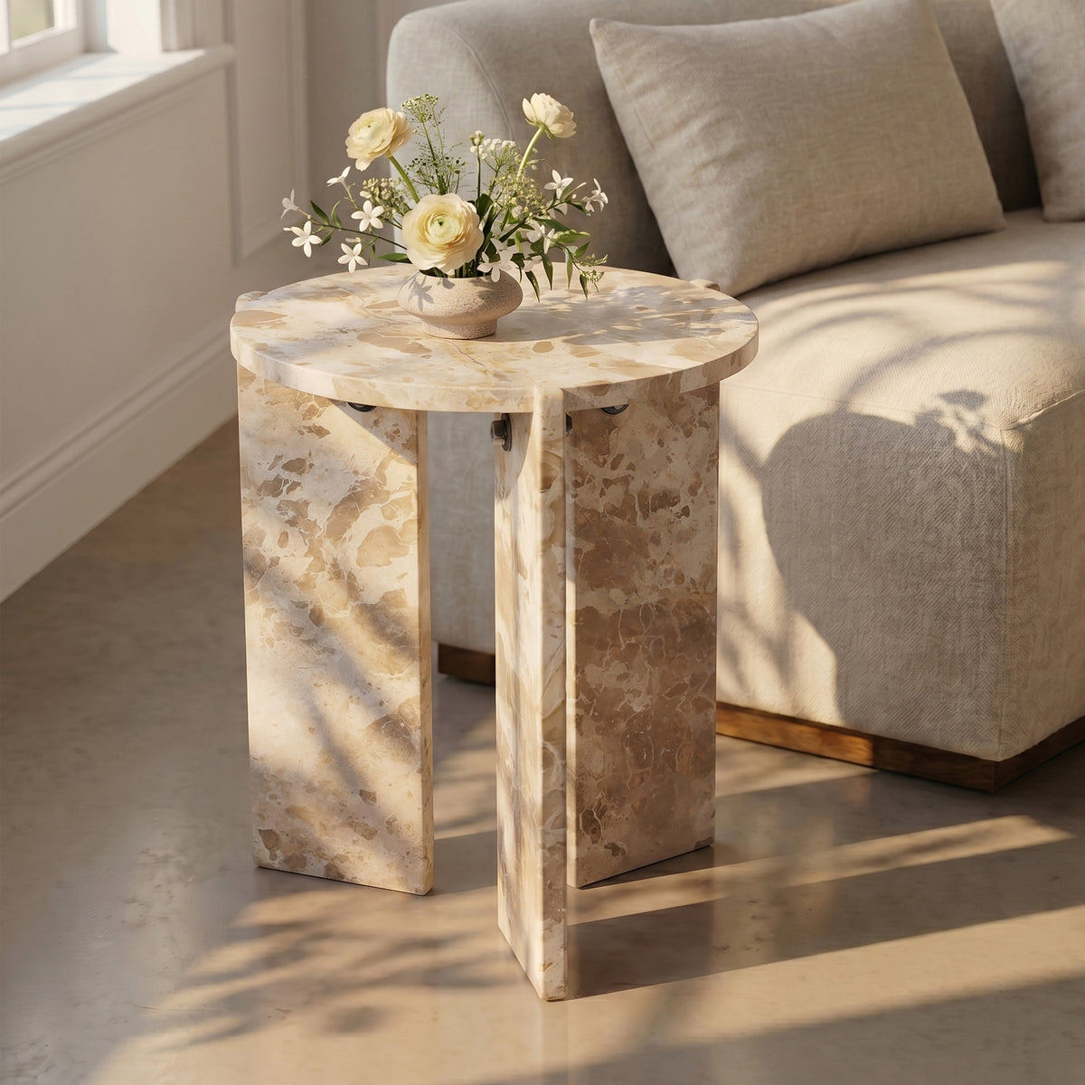 Vernazza Beige Genuine Marble End Side Table Set of 2