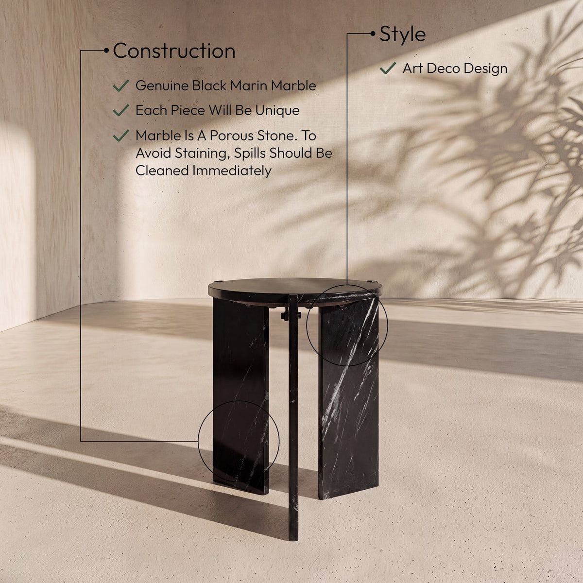 Vernazza Black Genuine Marble End Side Table Set of 2