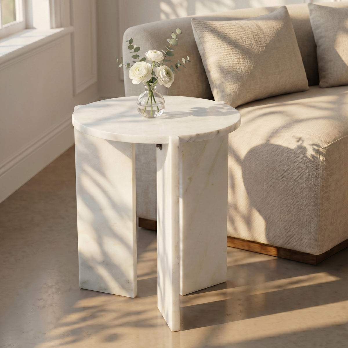Vernazza White Genuine Marble End Side Table Set of 2