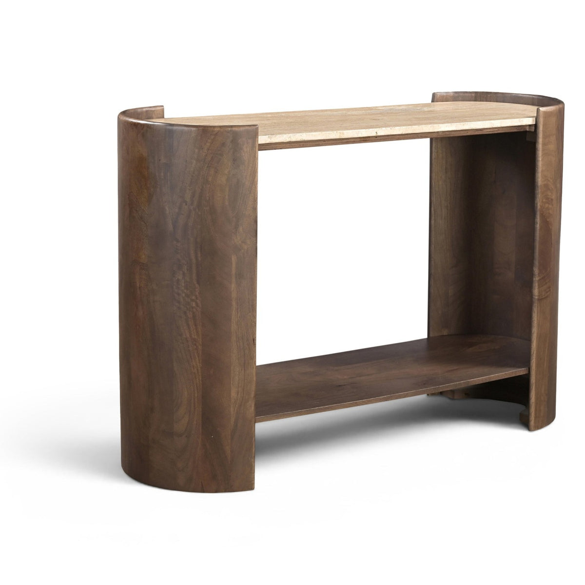 Solstice Brown Travertine And Mango Wood Console Table in beige travertine and mango wood, primary product view
