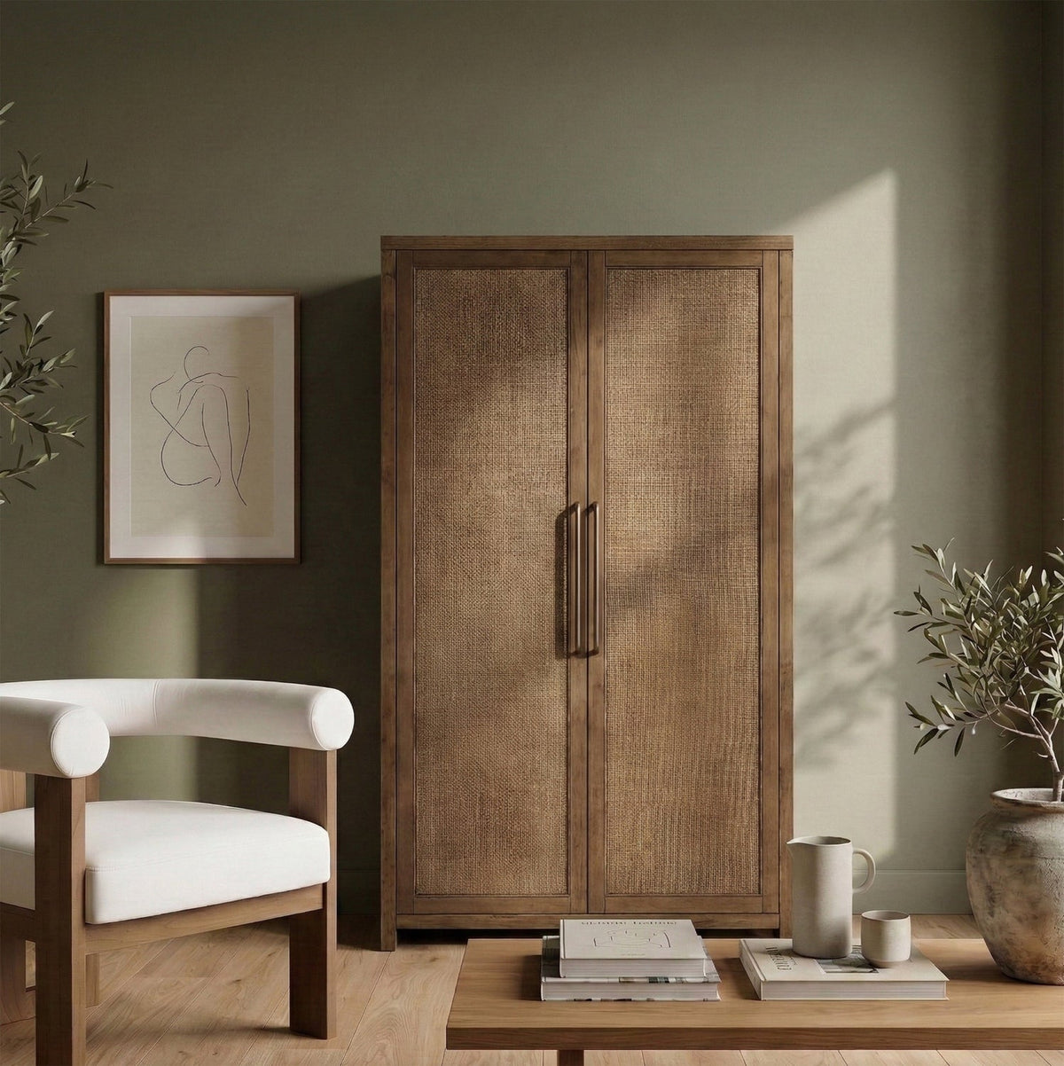 Vana Brown Cane And Solid Wood Storage Cabinet