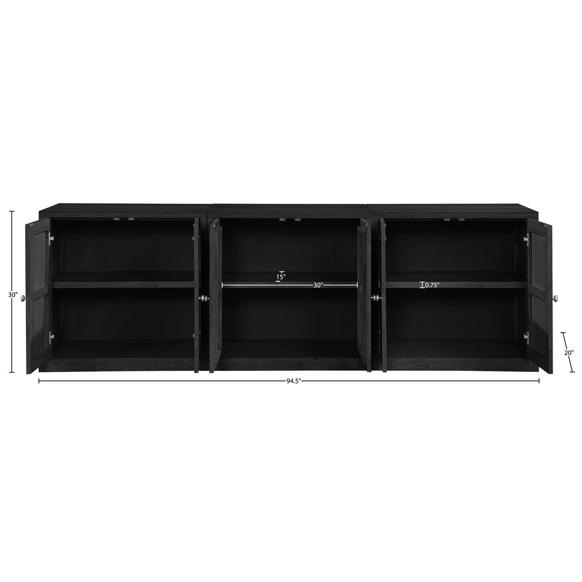 Vero Black Cane Solid Wood And Oak Veneer 3 Piece Sideboard/Buffet