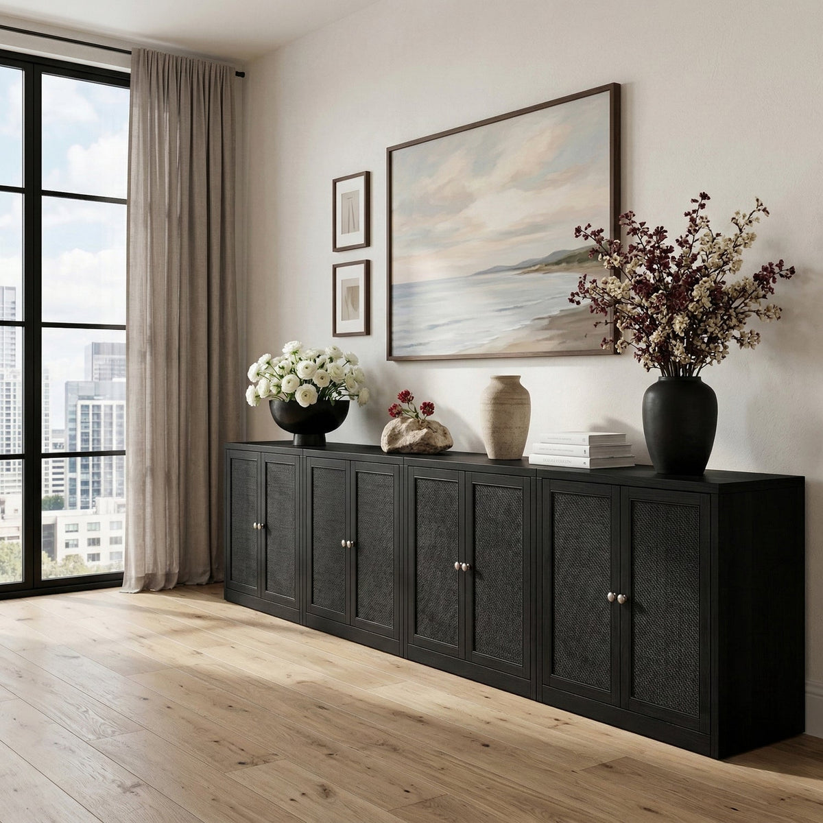 Vero Black Cane Solid Wood And Oak Veneer 4 Piece Sideboard/Buffet