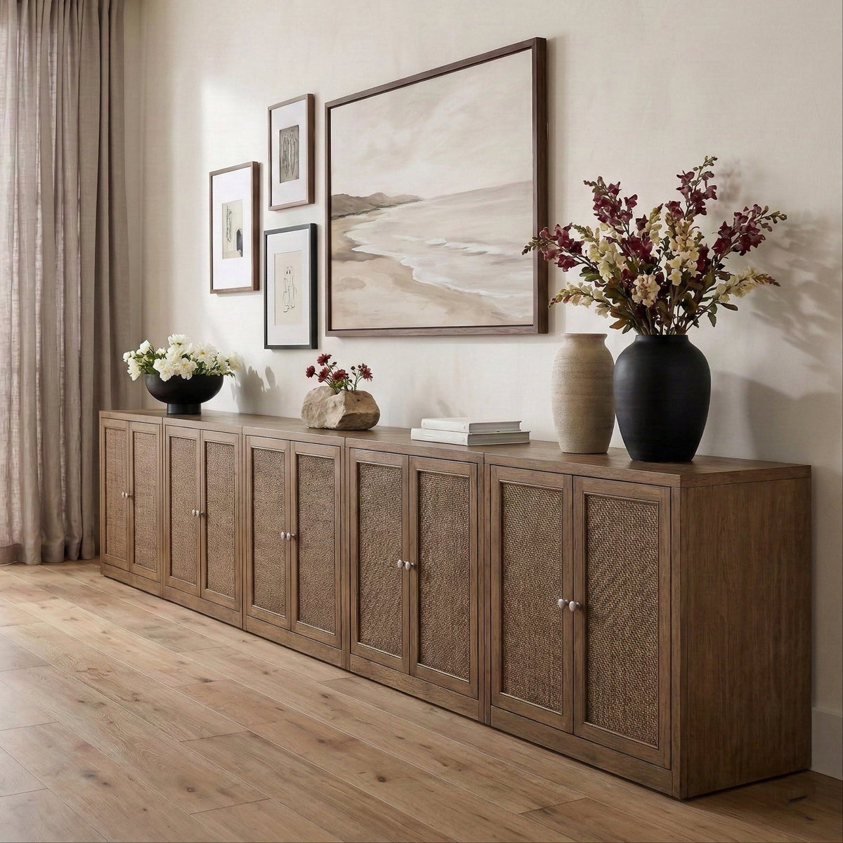 Vero Brown Cane Solid Wood And Oak Veneer 5 Piece Sideboard/Buffet