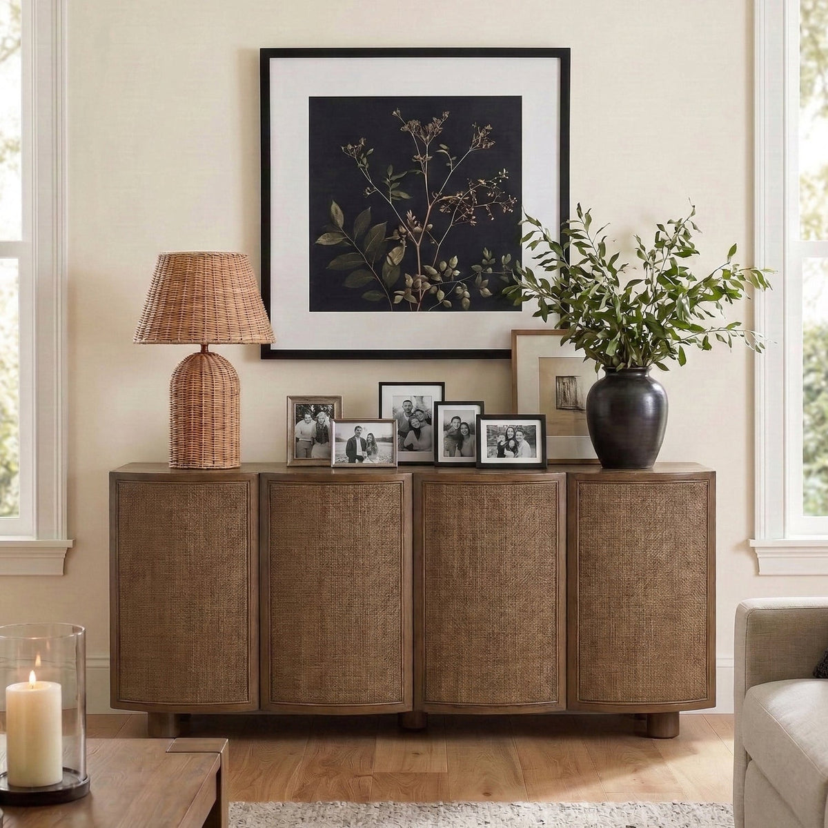 Norin Brown Cane Solid Wood And Oak Veneer Sideboard/Buffet