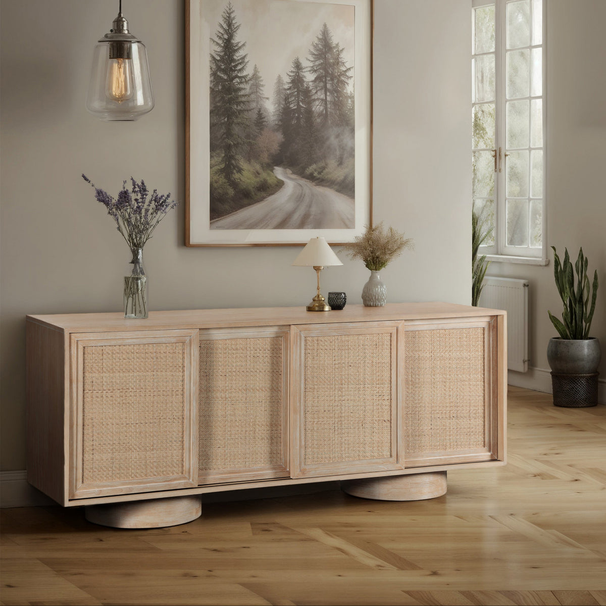 Windsor Natural Solid Wood And Natural Cane Sideboard Buffet