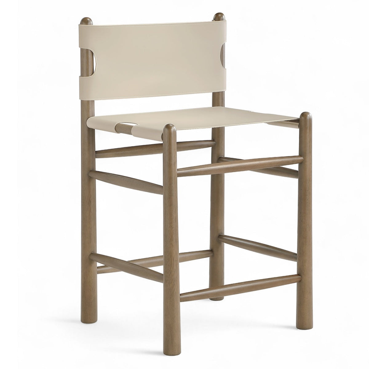 Santos Beige Vegan Leather Upholstered Counter Stool in beige vegan leather and walnut wood, tall bar-height view