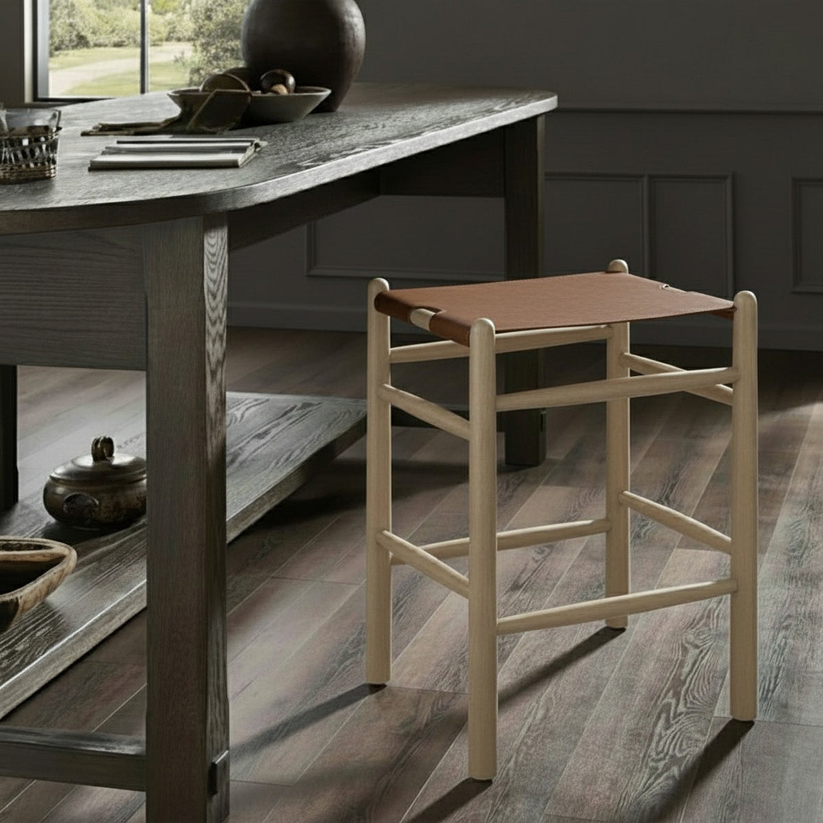 Santos Brown Vegan Leather Upholstered Counter Stool Set of 2