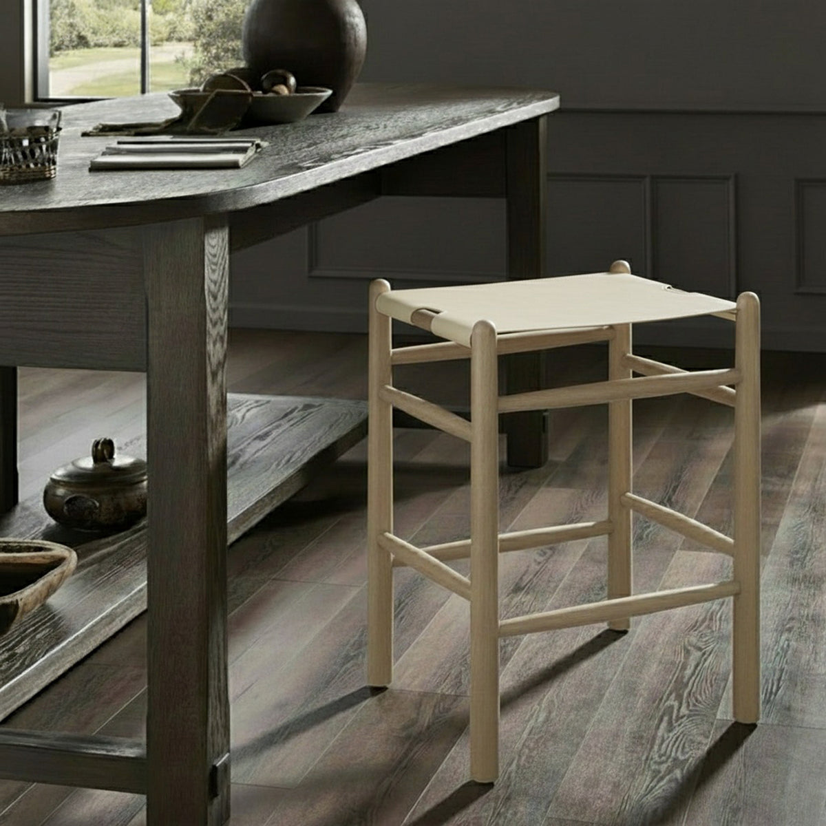 Santos Cream Vegan Leather Upholstered Counter Stool Set of 2