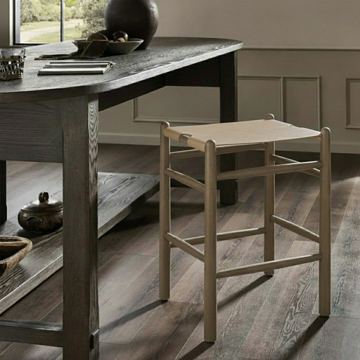 Santos Beige Vegan Leather Upholstered Counter Stool Set of 2