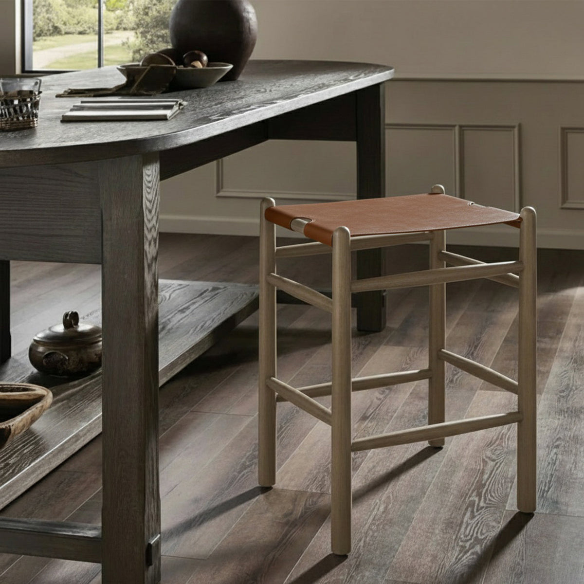 Santos Brown Vegan Leather Upholstered Counter Stool Set of 2