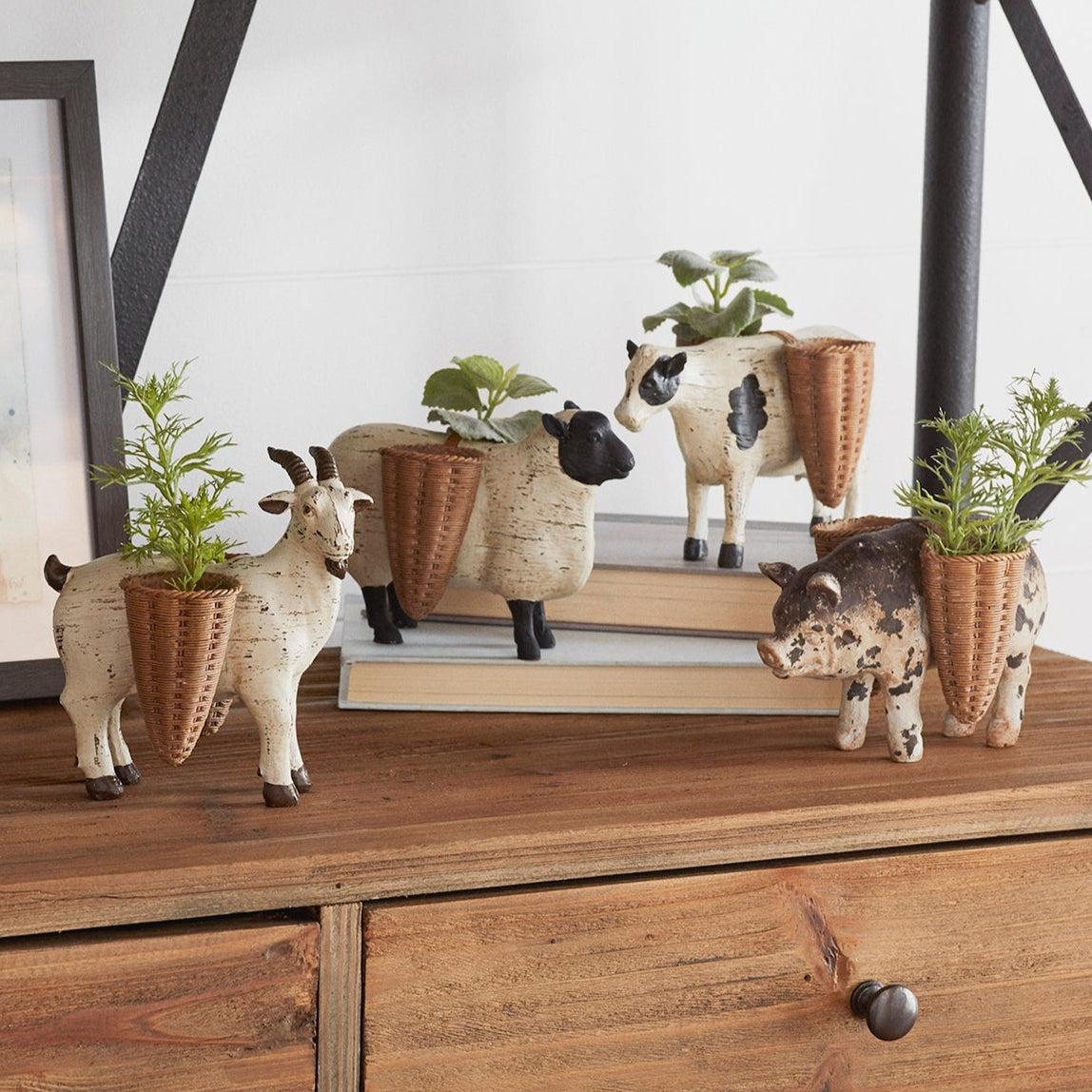 Farm Animal Figurine with Basket Vase Set of 4