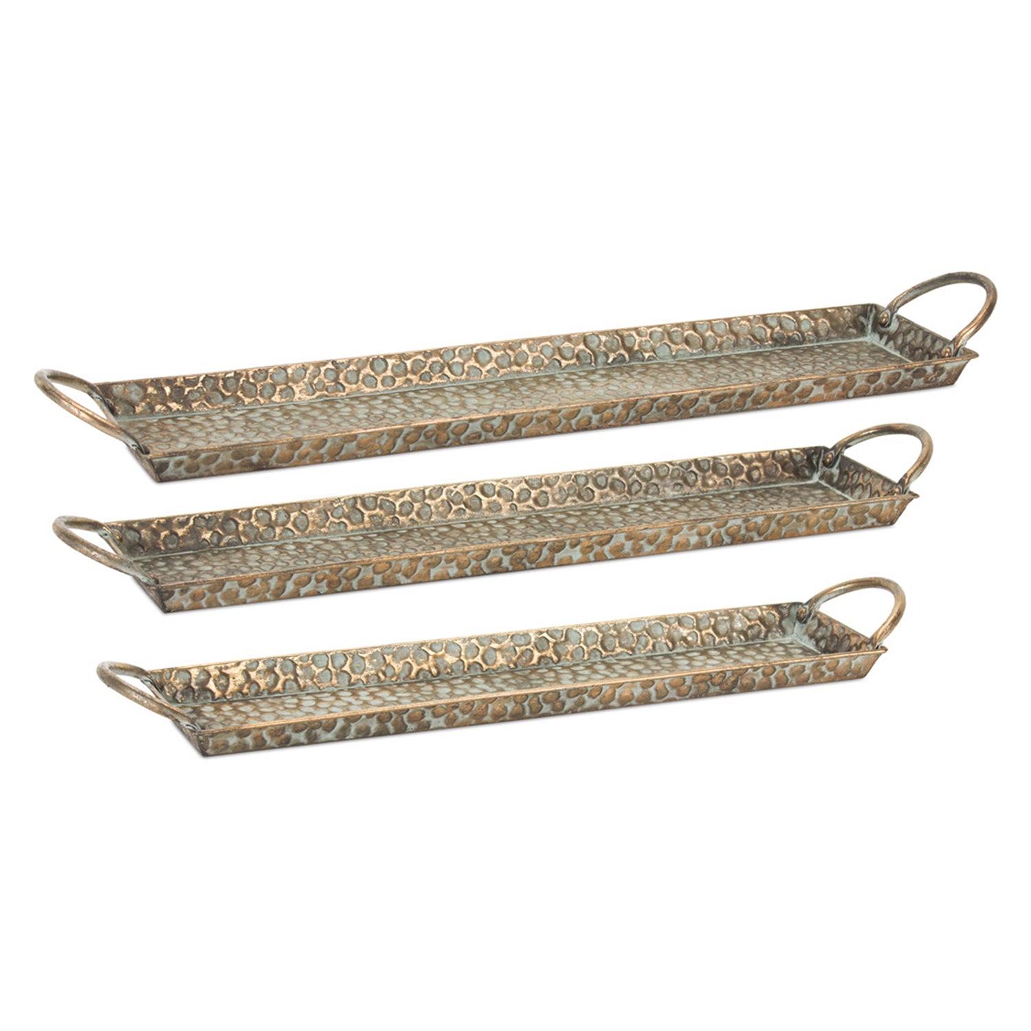 Hammered Metal Tray with Washed Finish and Handles Set of 3