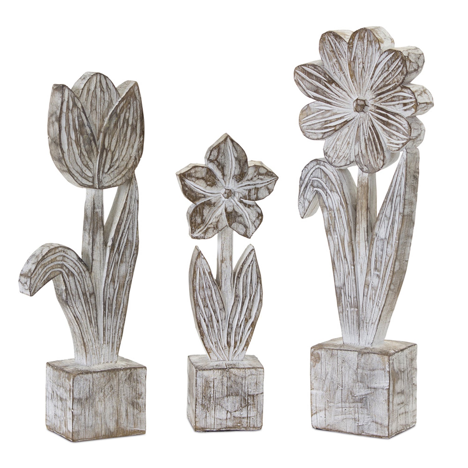 White Washed Potted Floral Sculpture Set of 3