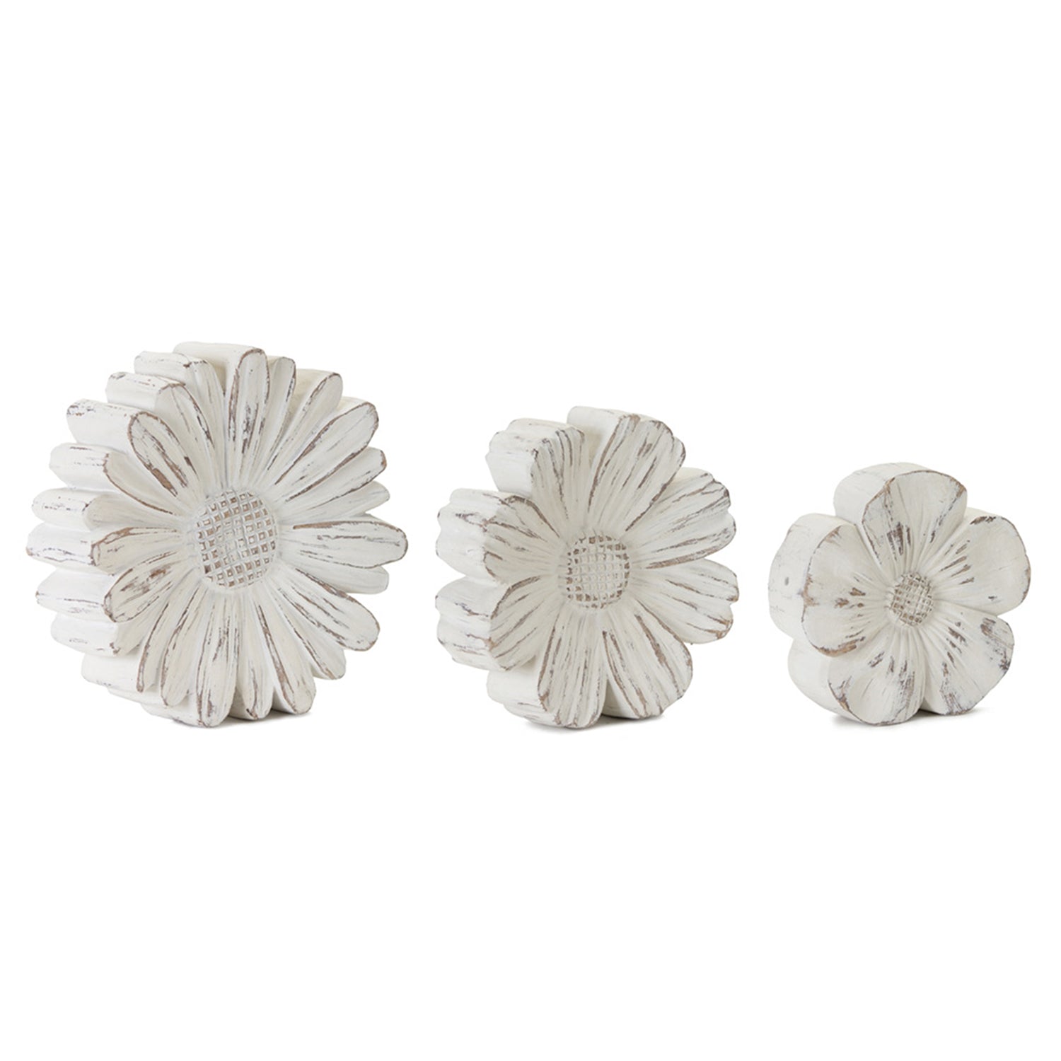 White Washed Stone Flower Decor Set of 3