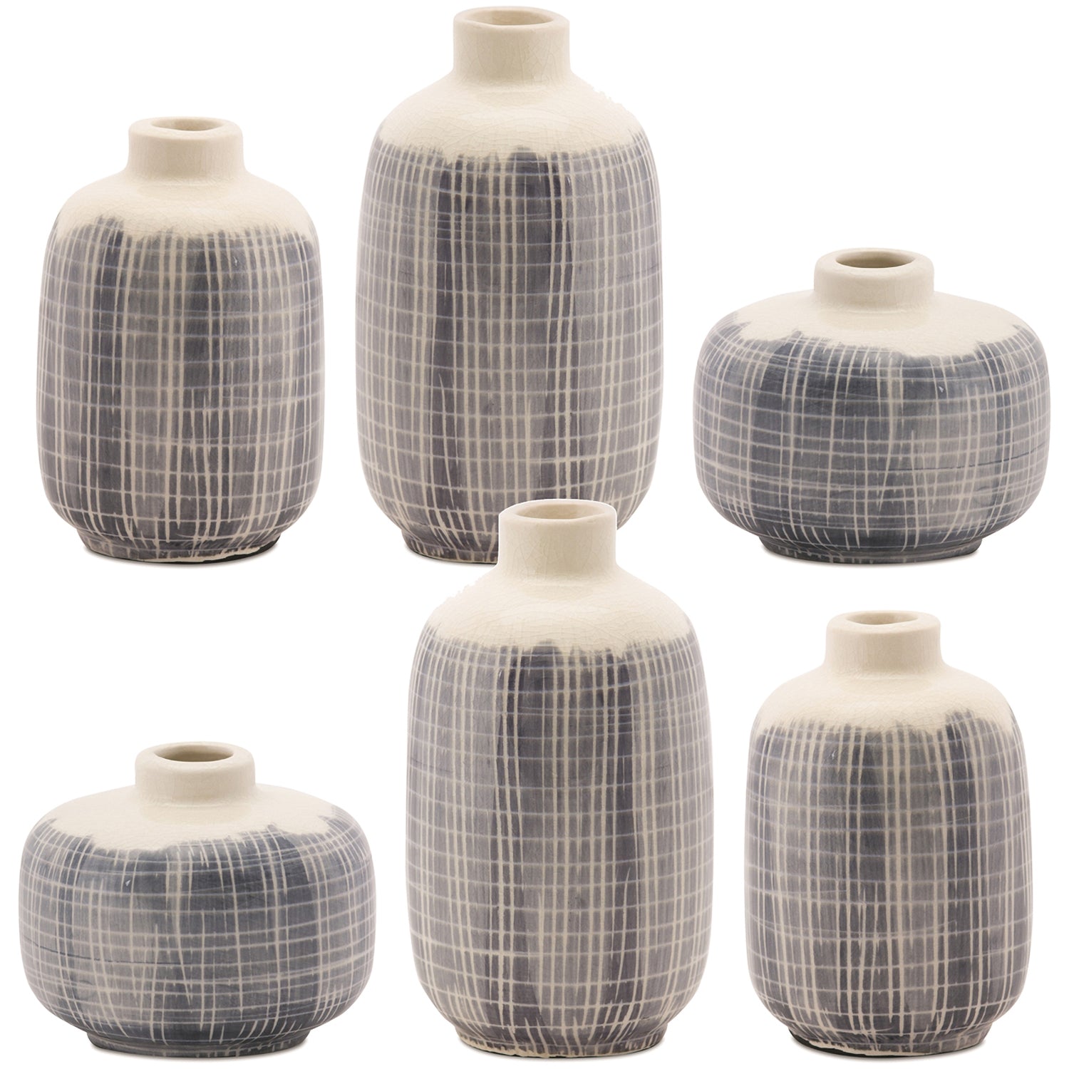 Mini Terra Cotta Bud Vase with Navy Criss Cross Set of 6