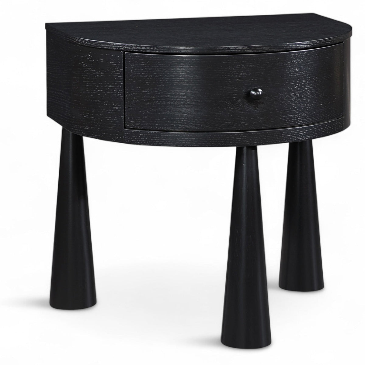 Oasis Nightstand in black acacia veneer, demi-lune single-drawer, primary product view