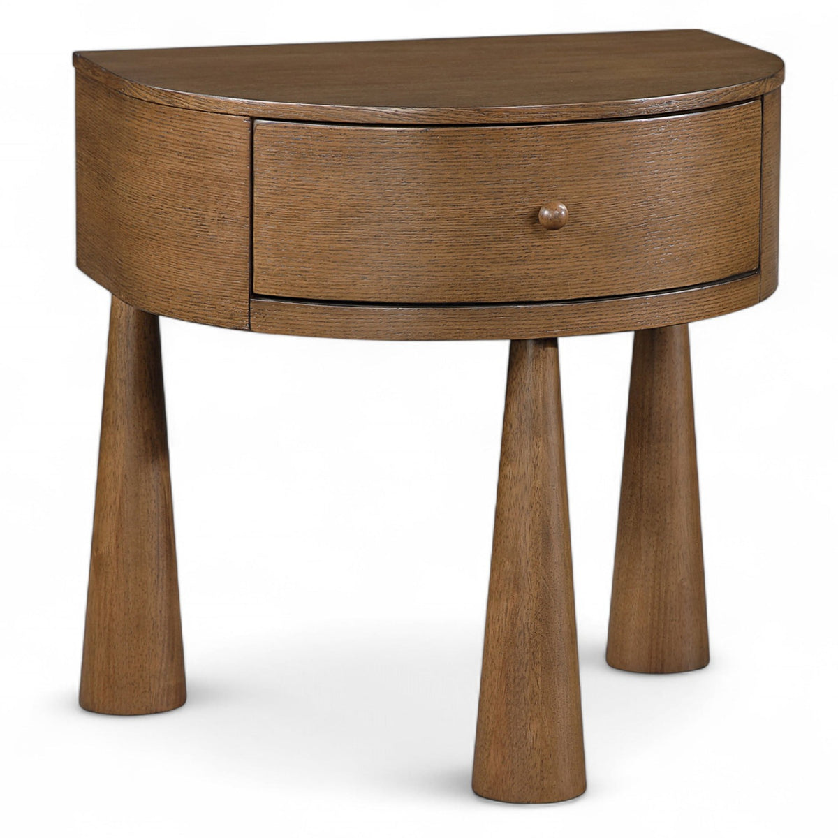 Oasis Nightstand in brown acacia veneer, demi-lune single-drawer, primary product view