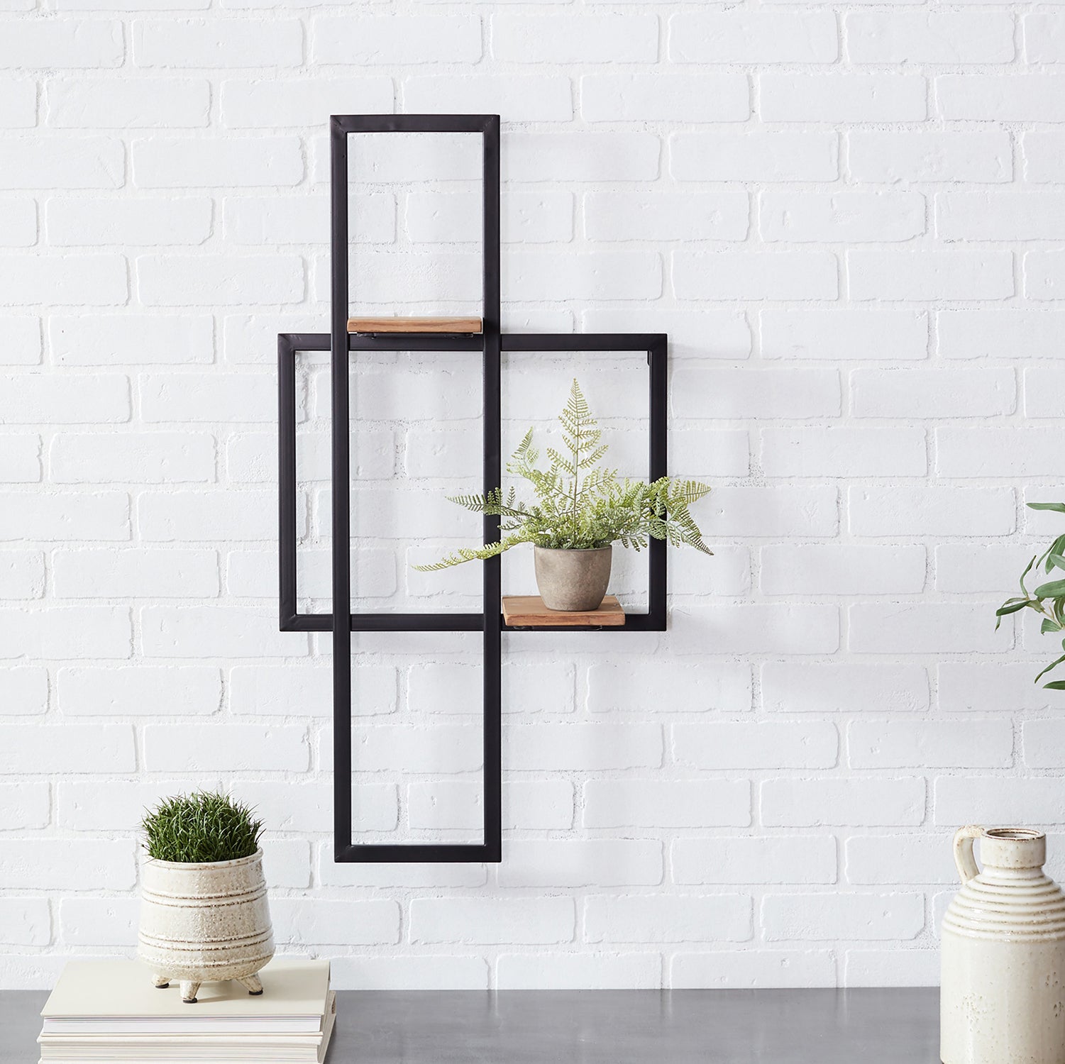 Iron Metal Wall Hanging with Wood Shelves