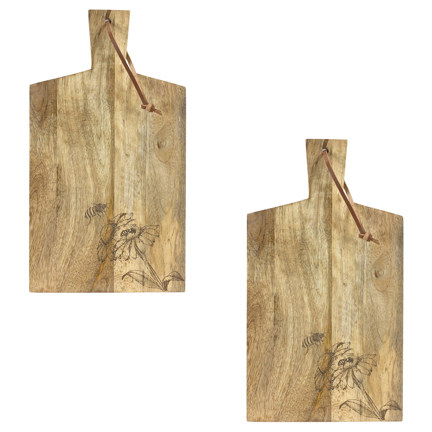 Natural Mango Wood Cutting Board with Etched Floral and Bee Design Set of 2