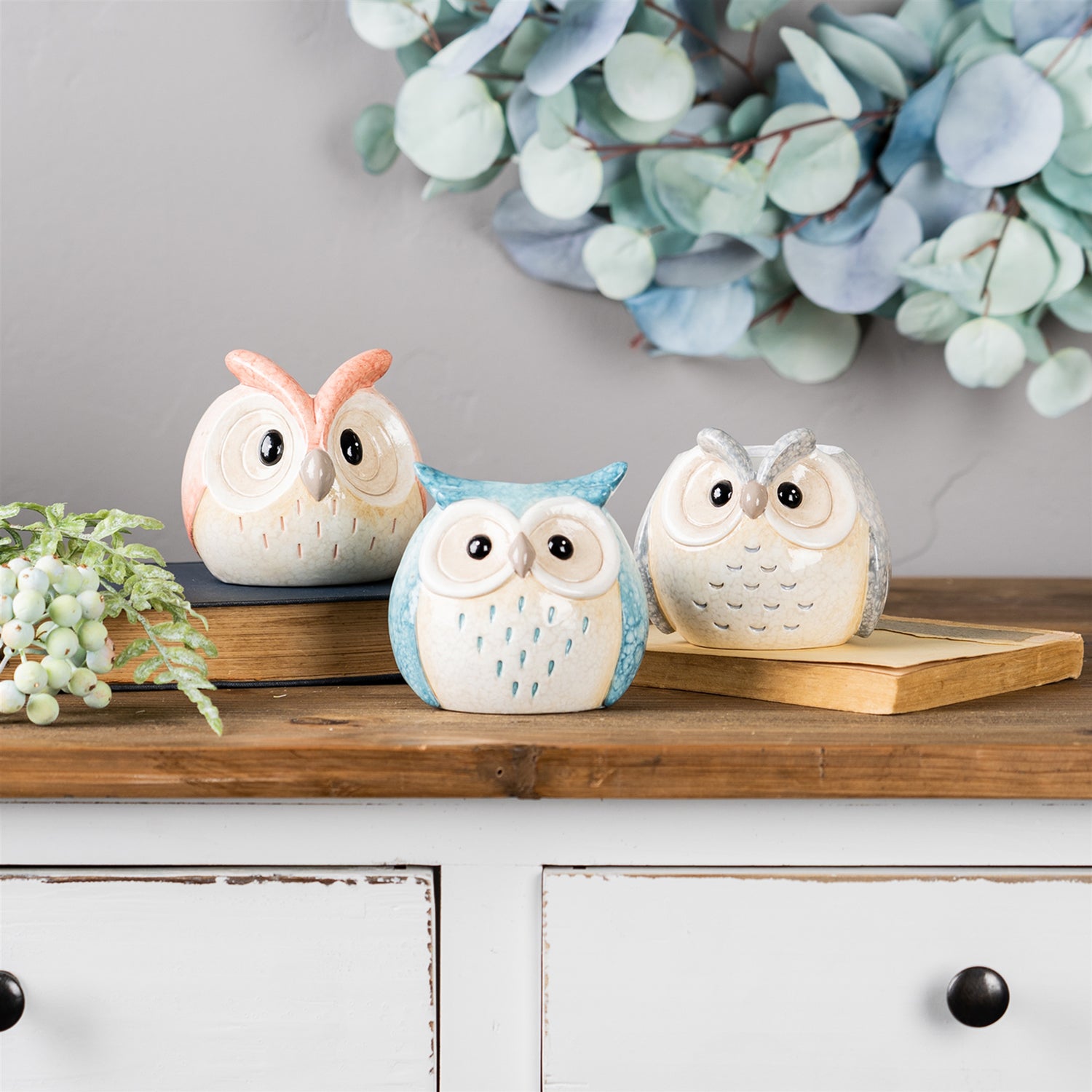 Whimsical Pastel Terra Cotta Owl Figurine Set of 12