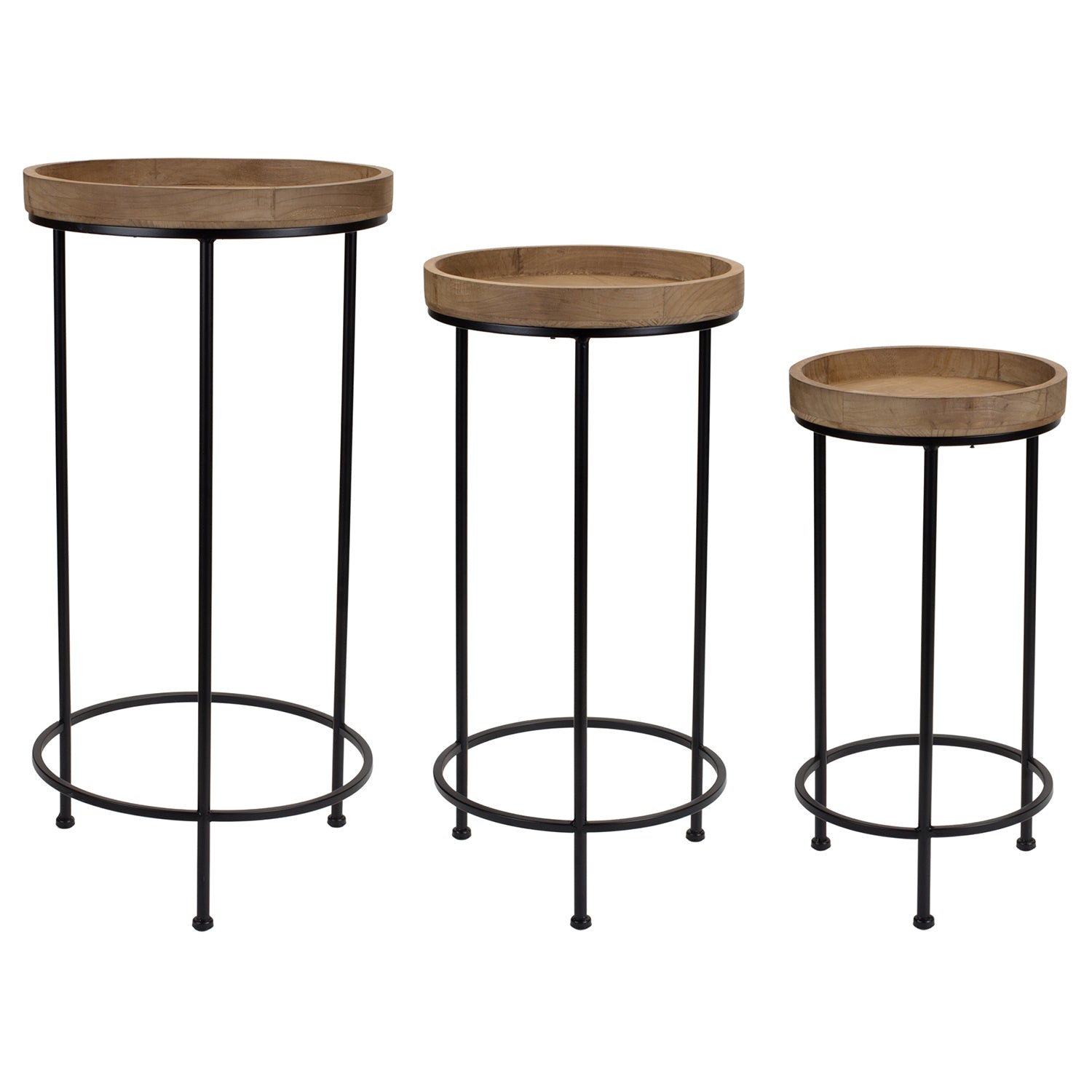 Round Wood and Metal Plant Stand Table Set of 3
