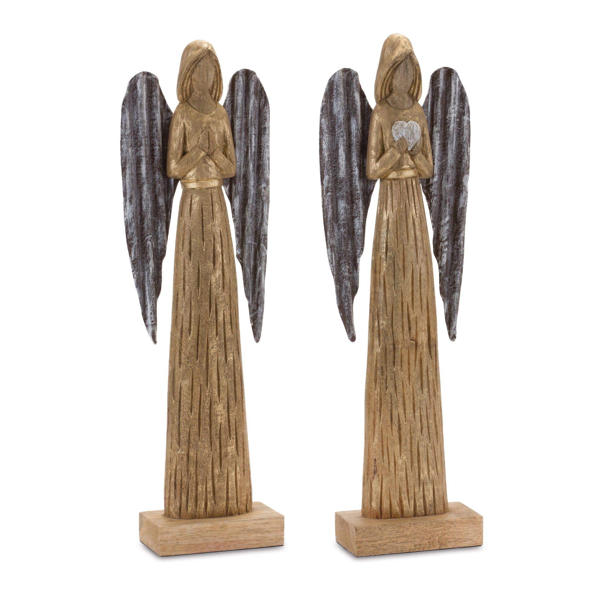 Carved Wood Angel Statue Set of 2