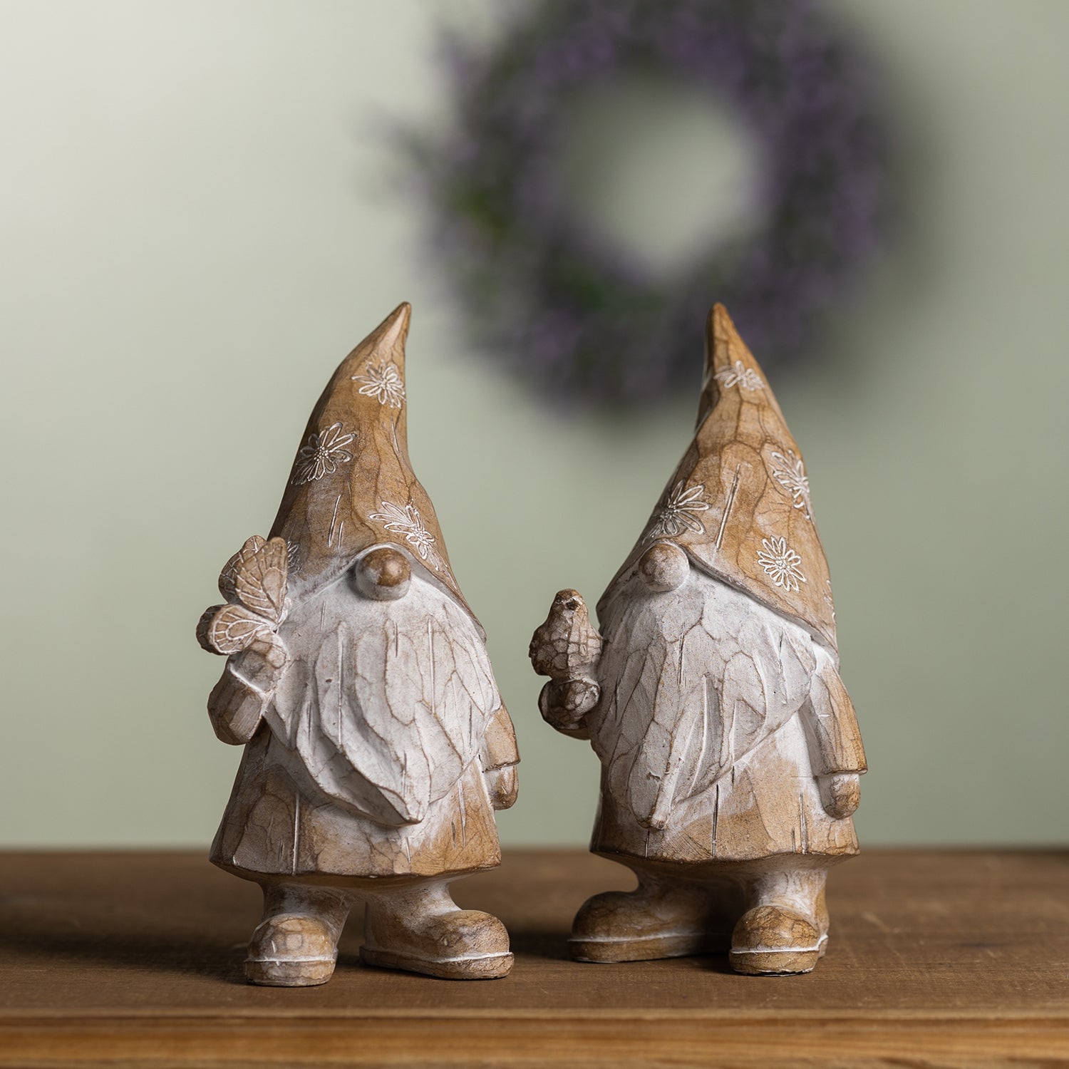 Carved Spring Gnome Figurine Set of 2