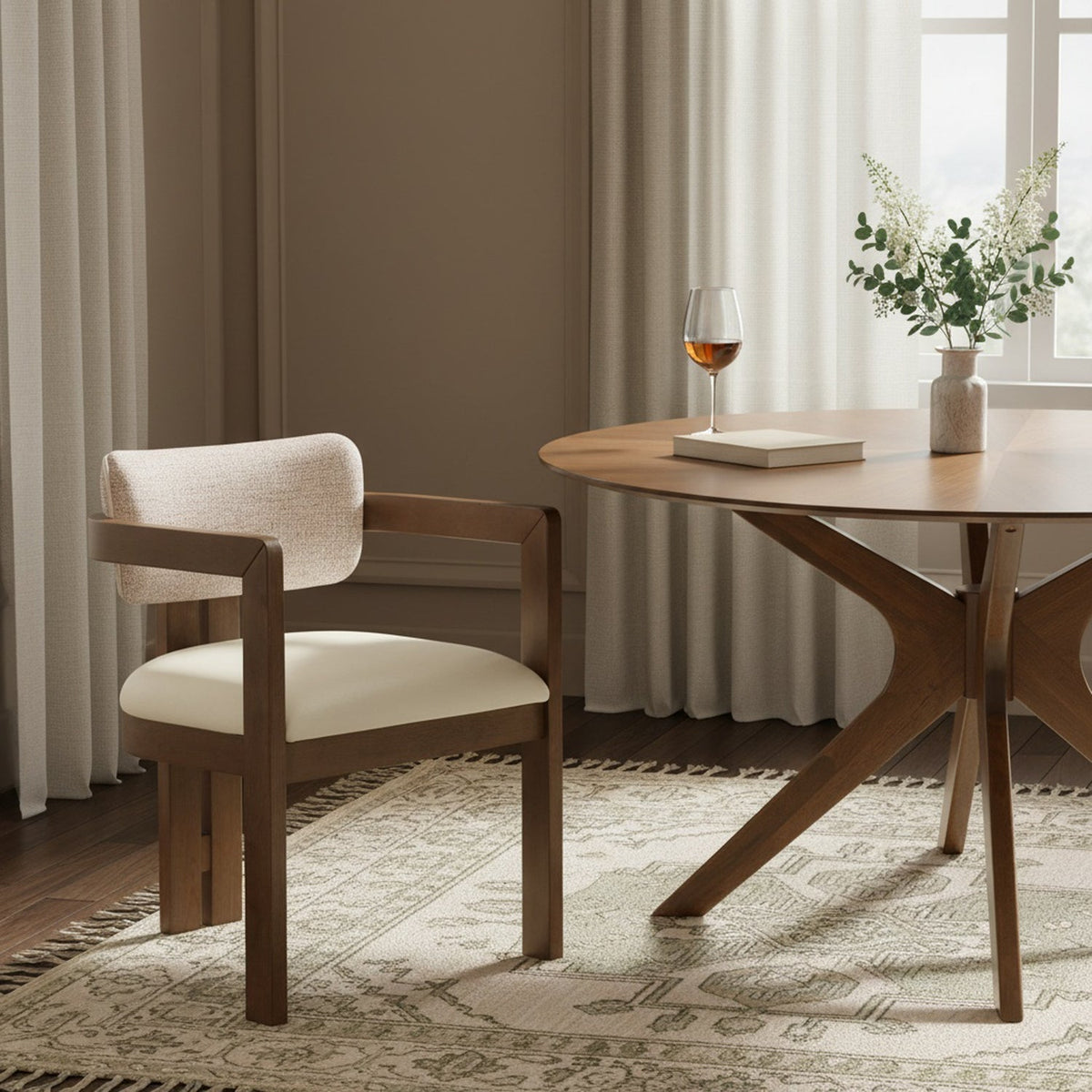 Ravina Beige Vegan Leather and Linen Textured Fabric Upholstered Dining Chair Set of 2