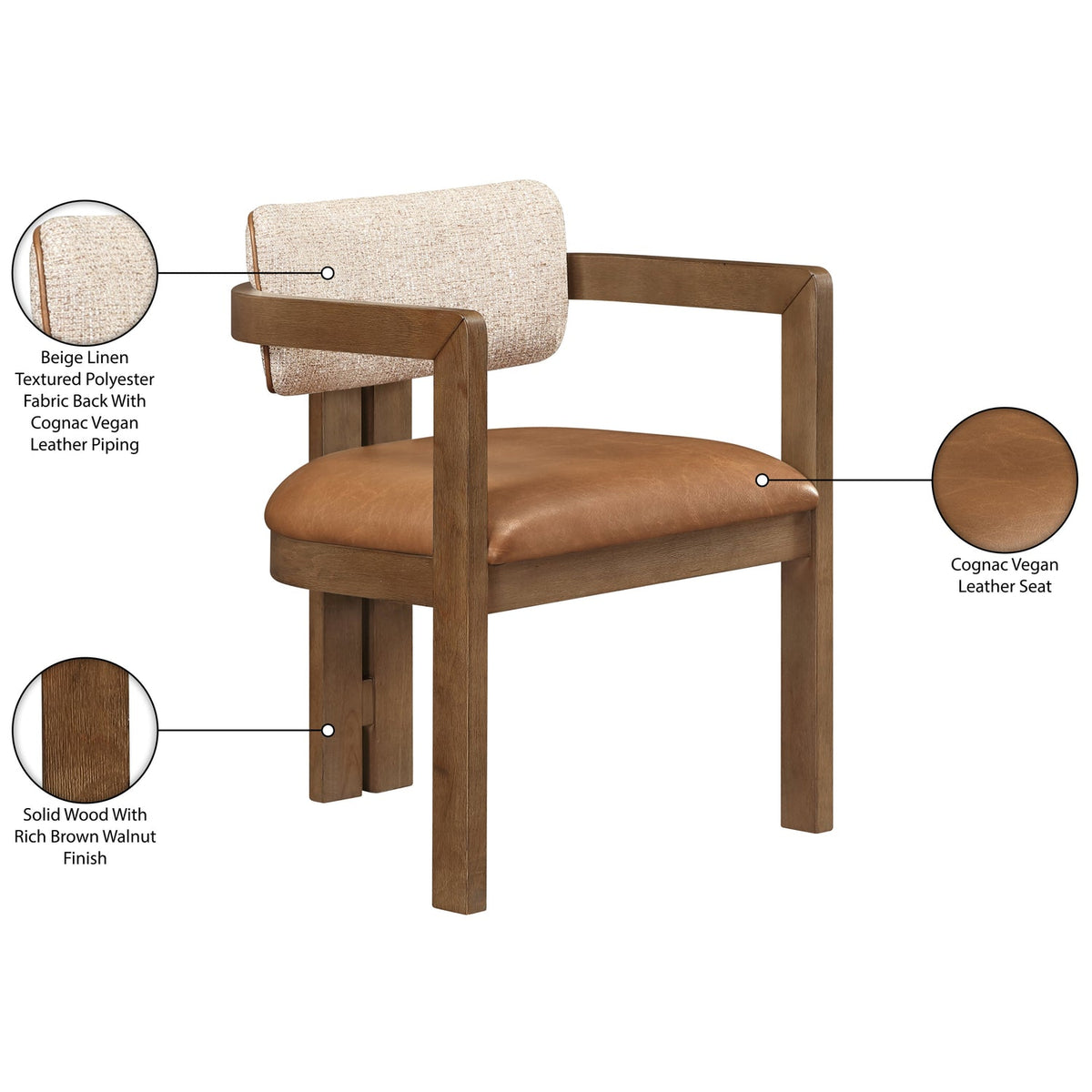 Ravina Cognac Vegan Leather and Linen Textured Fabric Upholstered Dining Chair Set of 2
