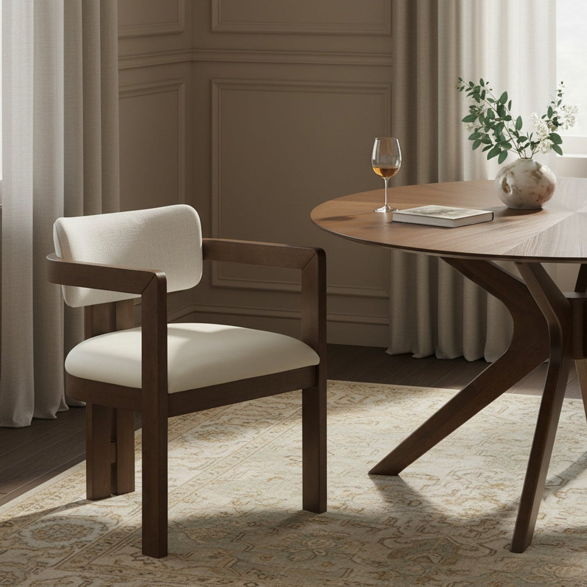 Ravina Cream Vegan Leather and Linen Textured Fabric Upholstered Dining Chair Set of 2