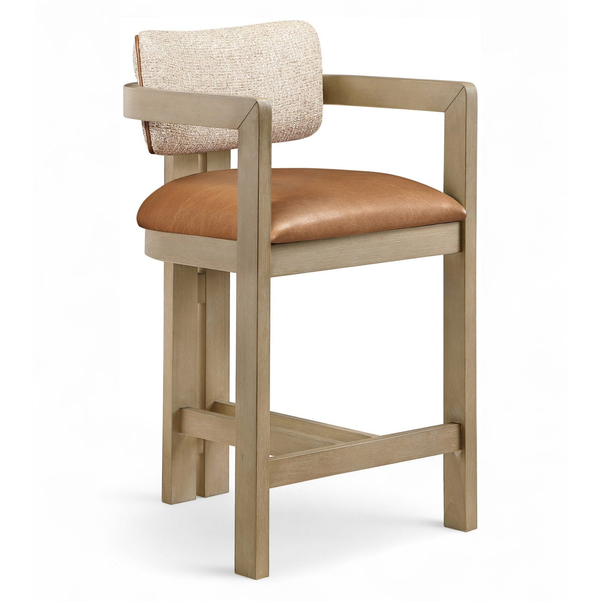 Ravina Cognac Vegan Leather and Linen Textured Fabric Upholstered Counter Stool in cerused-finish wood, primary product view