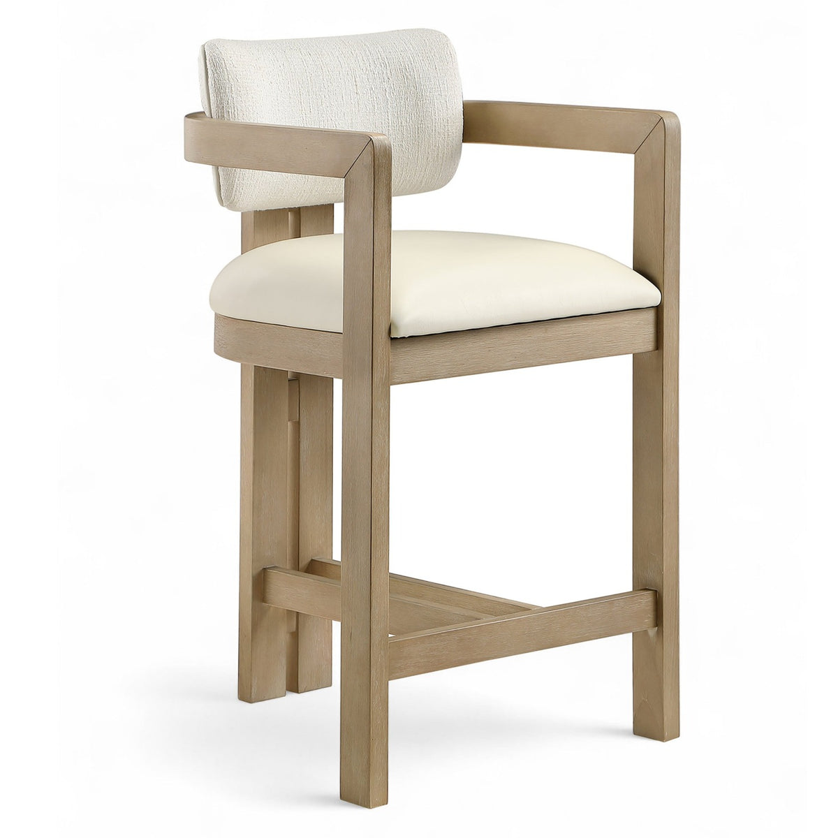 Ravina Cream Vegan Leather and Linen Textured Fabric Upholstered Counter Stool in cerused-finish wood, primary product view