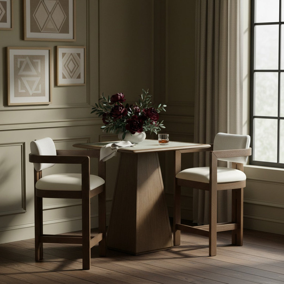Ravina Cream Vegan Leather and Linen Textured Fabric Upholstered Counter Stool Set of 2